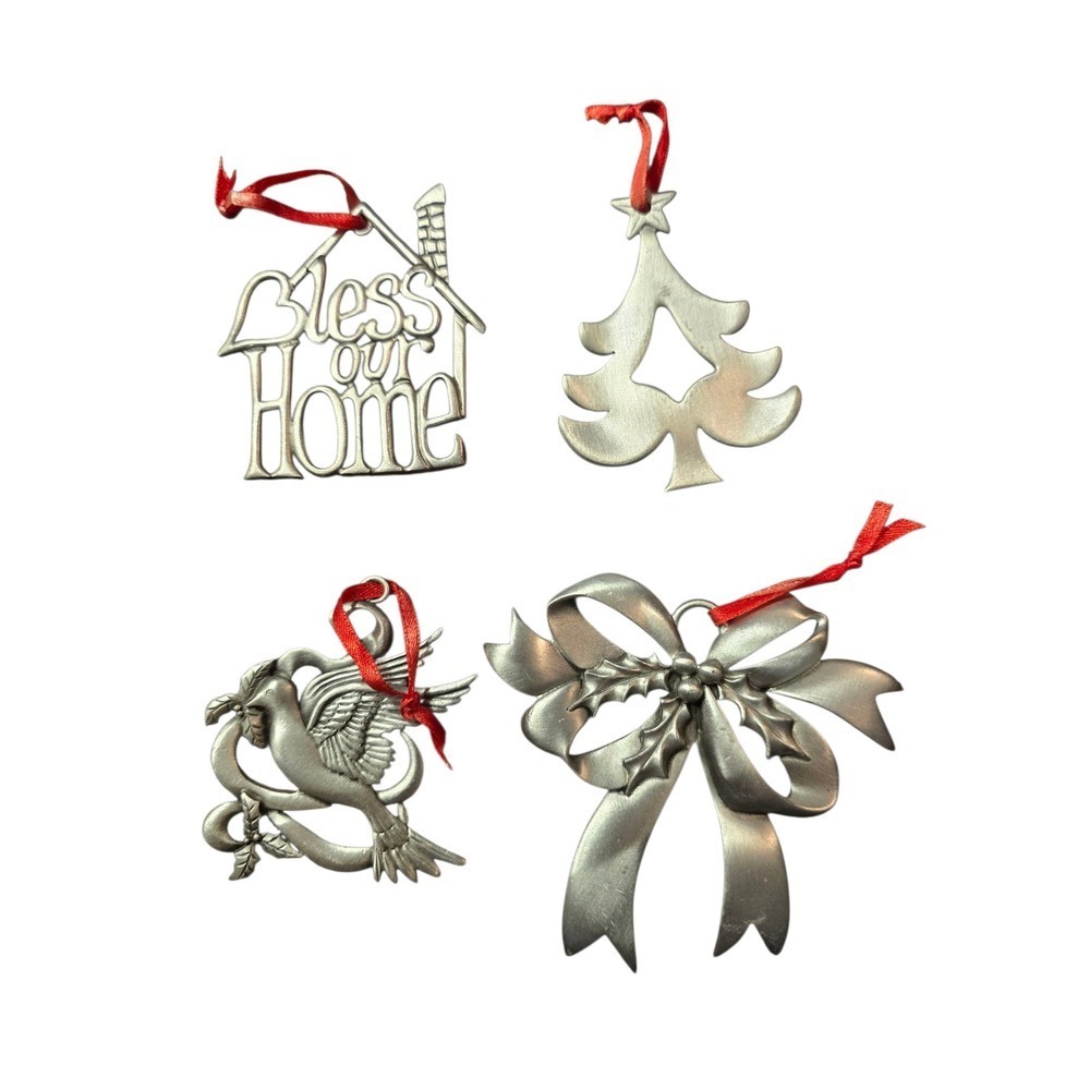 Vintage‎ Christmas Tree Ornaments Pewter Bless Our Home Dove Bow Lot of 4